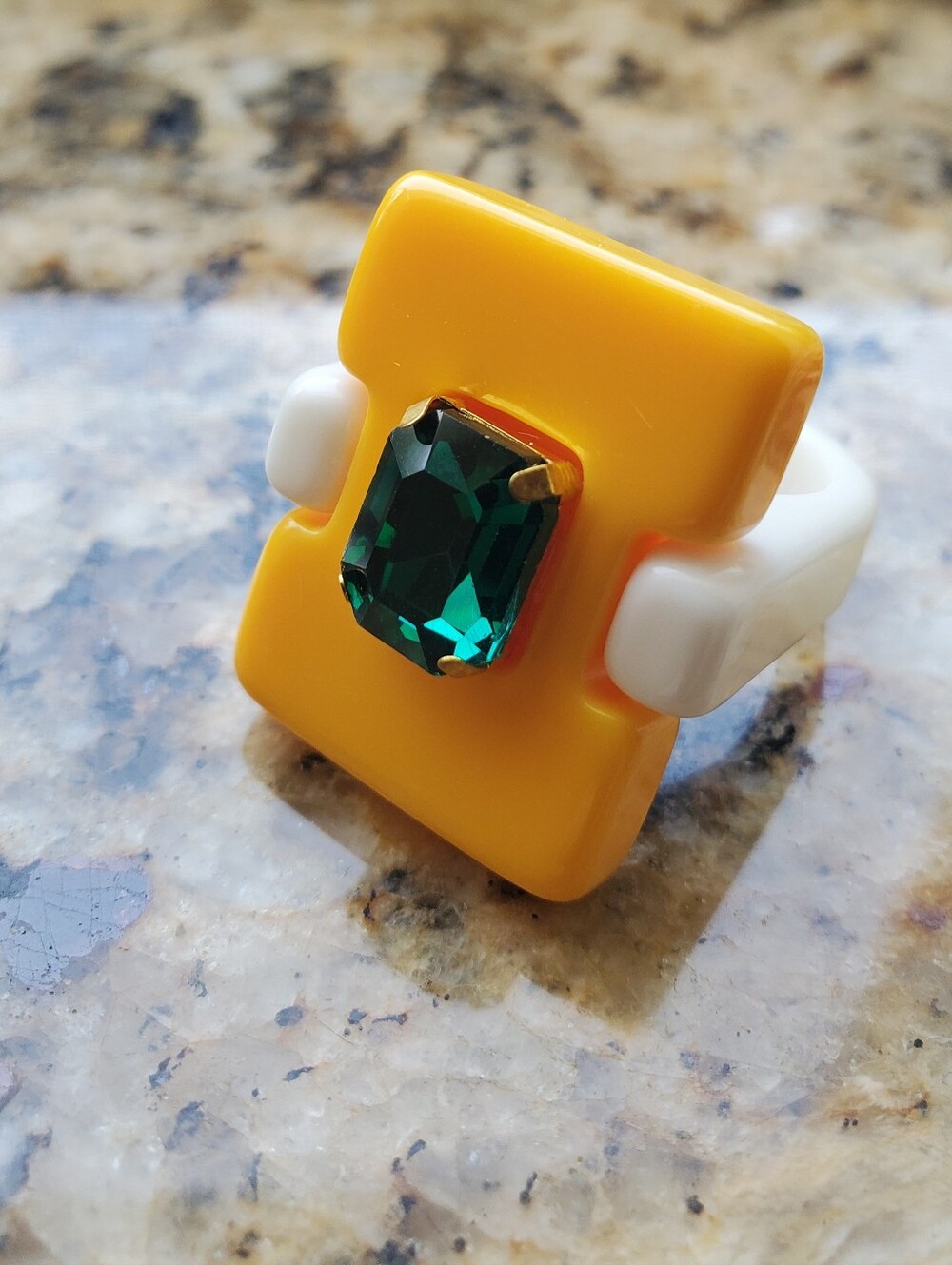 Bold Yellow Resin Ring with Emerald Green Stone